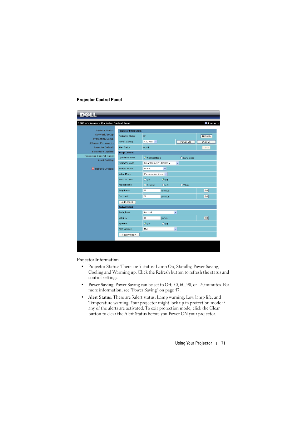 Projector control panel | Dell S300w User Manual | Page 71 / 99