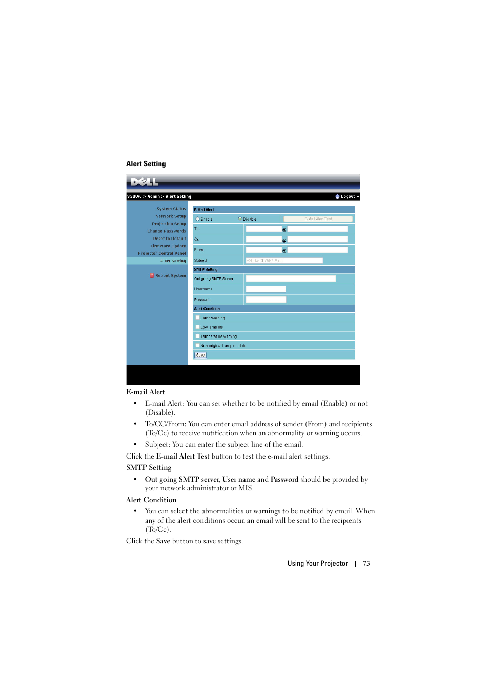 Alert setting | Dell S300w User Manual | Page 73 / 99