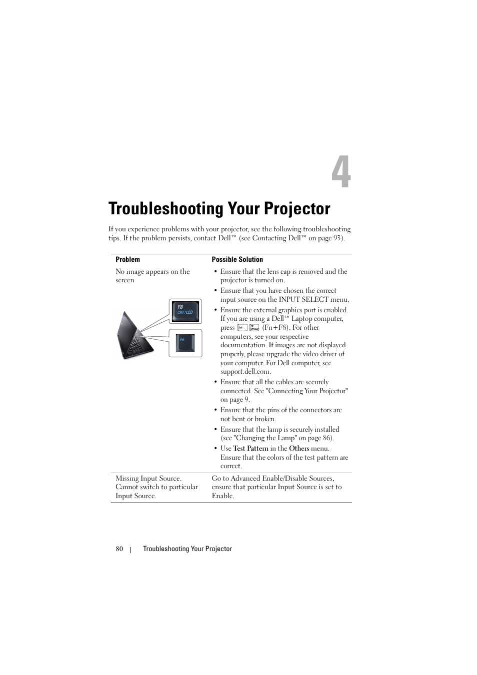 Troubleshooting your projector, See "troubleshooting your, Troubleshooting your | Dell S300w User Manual | Page 80 / 99