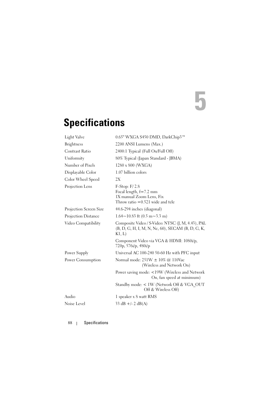 Specifications | Dell S300w User Manual | Page 88 / 99