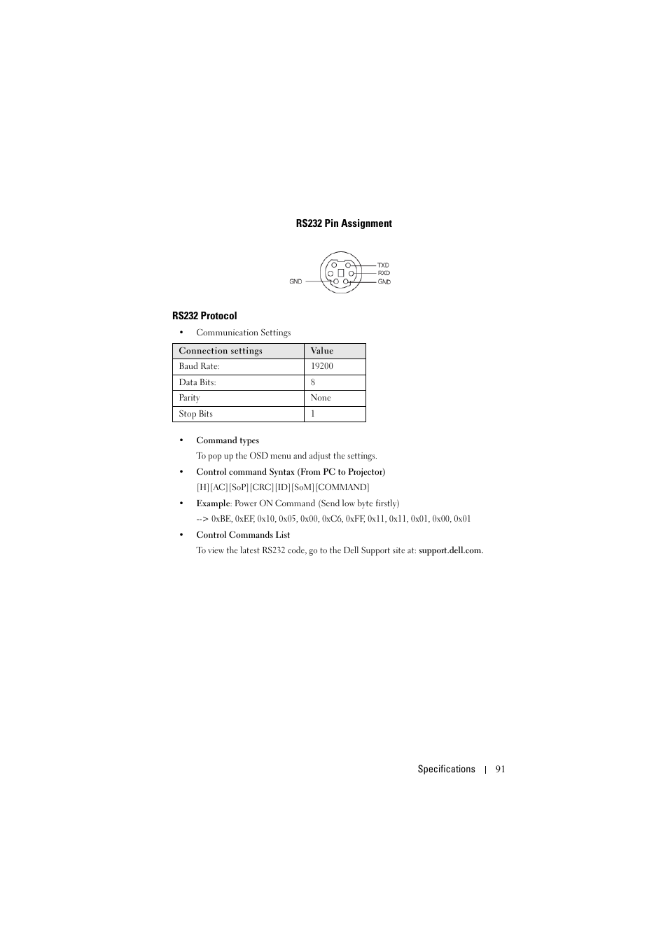 Rs232 pin assignment, Rs232 protocol | Dell S300w User Manual | Page 91 / 99