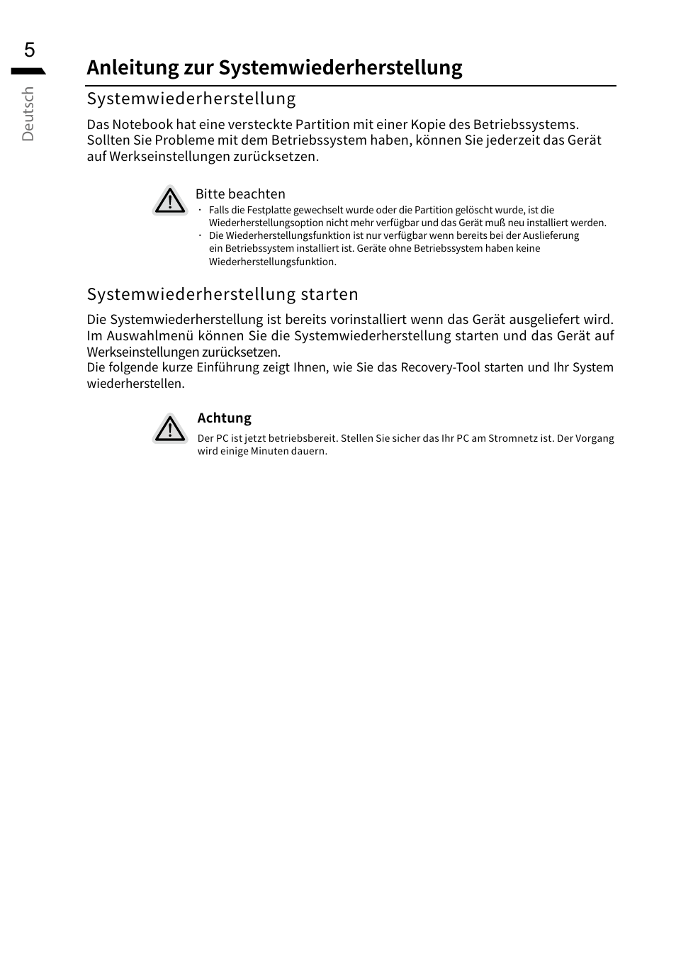Anleitung zur systemwiederherstellung, Deutsch, Systemwiederherstellung | Systemwiederherstellung starten | GIGABYTE 15.6" G5 Notebook (Black) User Manual | Page 42 / 93