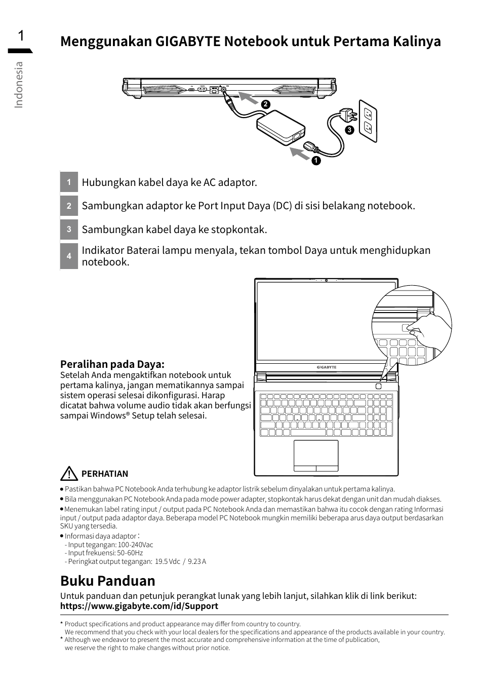 Indonesia, Hubungkan kabel daya ke ac adaptor, Sambungkan kabel daya ke stopkontak | GIGABYTE 15.6" G5 Notebook (Black) User Manual | Page 62 / 93