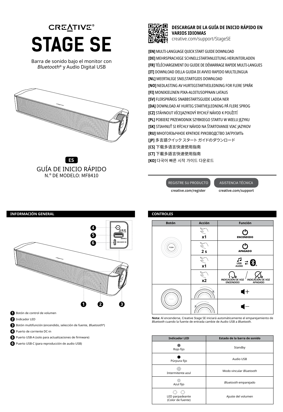 Es – español, Guía de inicio rápido, N.º de modelo: mf8410 | Barra de sonido bajo el monitor con bluetooth, Y audio digital usb | Creative Labs Creative Stage SE Wireless Bluetooth & USB Under Monitor Soundbar User Manual | Page 10 / 37