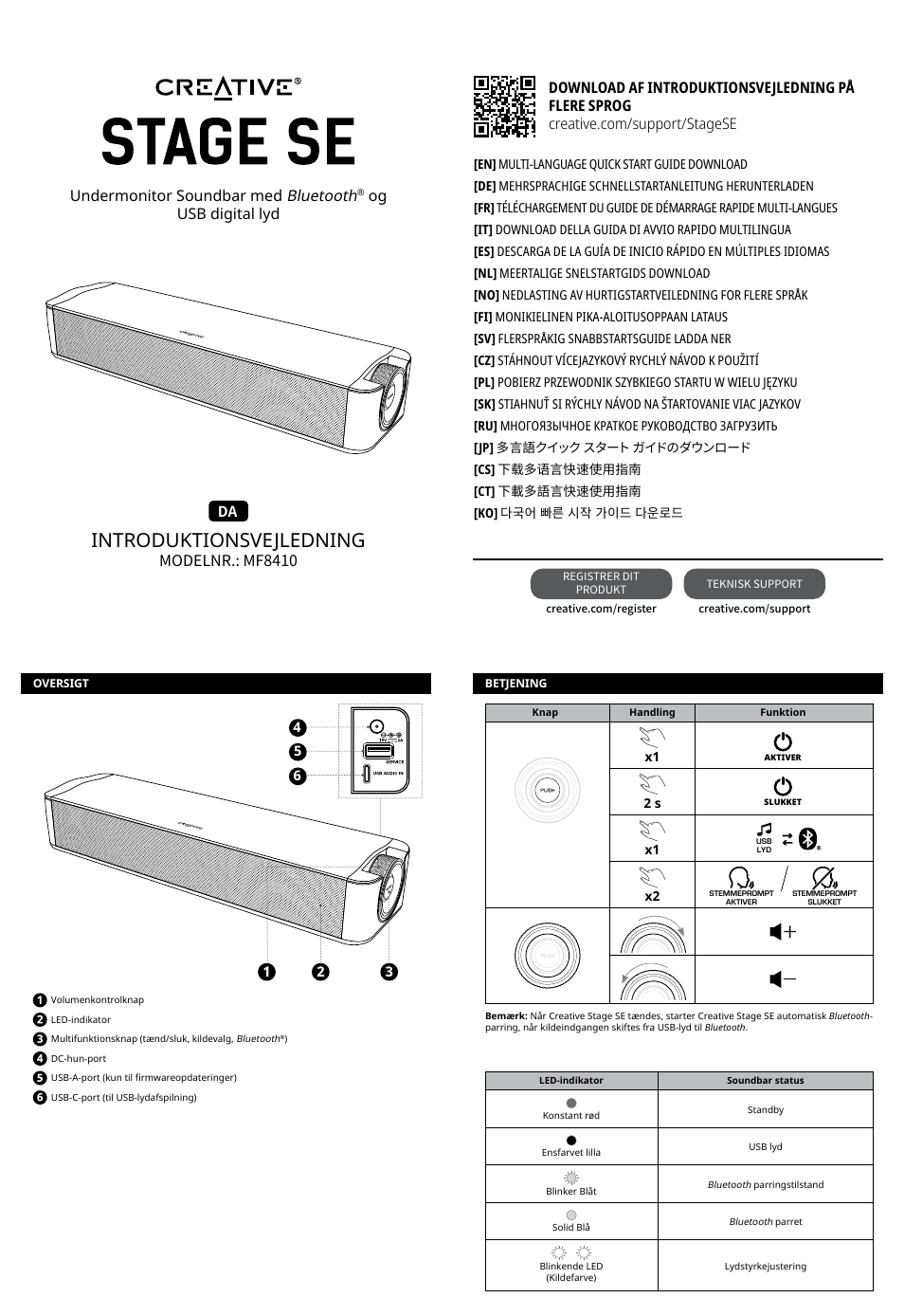 Da – dansk, Introduktionsvejledning, Modelnr.: mf8410 | Undermonitor soundbar med bluetooth, Og usb digital lyd | Creative Labs Creative Stage SE Wireless Bluetooth & USB Under Monitor Soundbar User Manual | Page 20 / 37