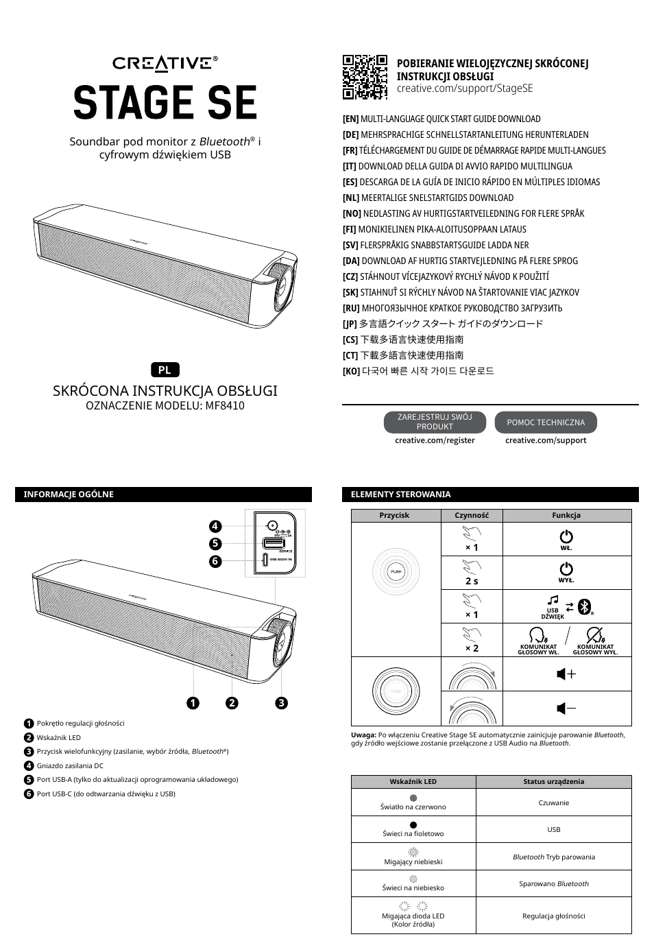 Pl – polski, Skrócona instrukcja obsługi, Oznaczenie modelu: mf8410 | Soundbar pod monitor z bluetooth, Icyfrowym dźwiękiem usb | Creative Labs Creative Stage SE Wireless Bluetooth & USB Under Monitor Soundbar User Manual | Page 24 / 37