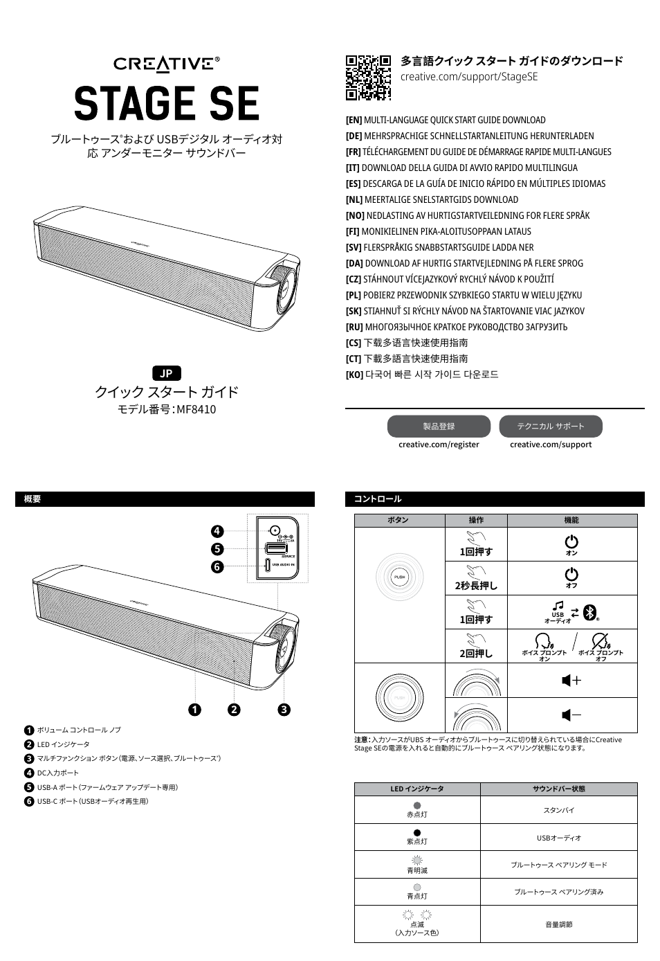 クイック スタート ガイド, モデル番号：mf8410, ブルートゥース | および usbデジタル オーディオ対 応 アンダーモニター サウンドバー | Creative Labs Creative Stage SE Wireless Bluetooth & USB Under Monitor Soundbar User Manual | Page 30 / 37