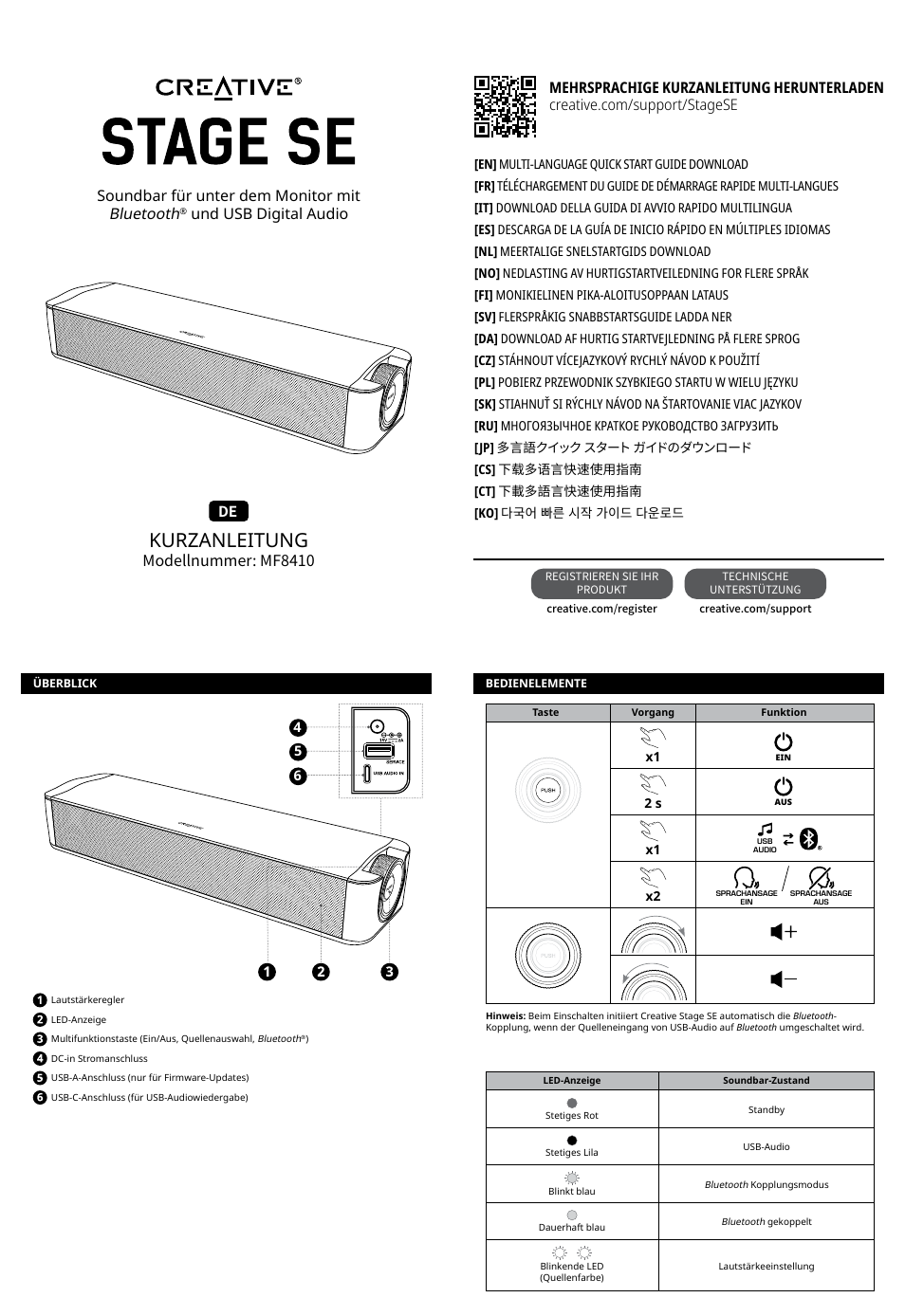 De – deutsch, Kurzanleitung, Modellnummer: mf8410 | Soundbar für unter dem monitor mit bluetooth, Und usb digital audio | Creative Labs Creative Stage SE Wireless Bluetooth & USB Under Monitor Soundbar User Manual | Page 4 / 37