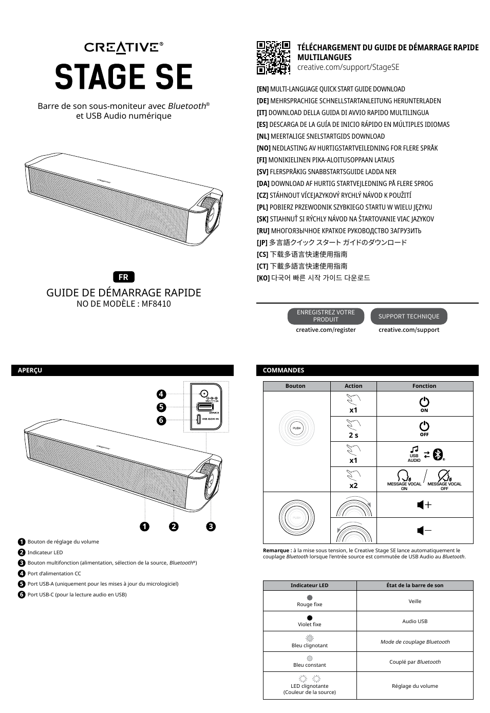 Fr – français, Guide de démarrage rapide, No de modèle : mf8410 | Barre de son sous-moniteur avec bluetooth, Et usb audio numérique | Creative Labs Creative Stage SE Wireless Bluetooth & USB Under Monitor Soundbar User Manual | Page 6 / 37