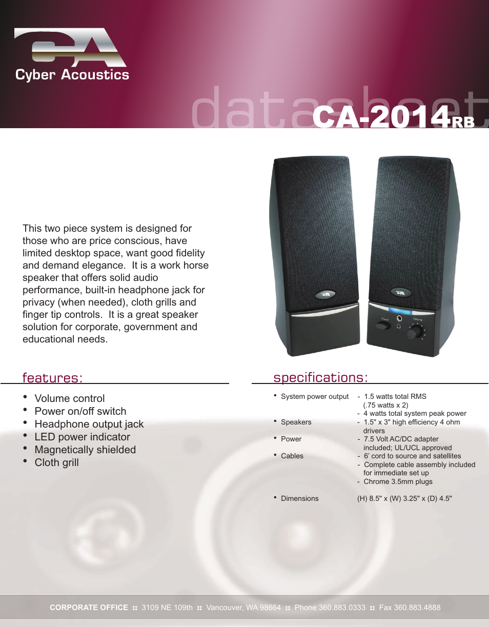 Cyber Acoustics CA-2014 2-Piece Amplified Computer Speaker System User Manual | 1 page