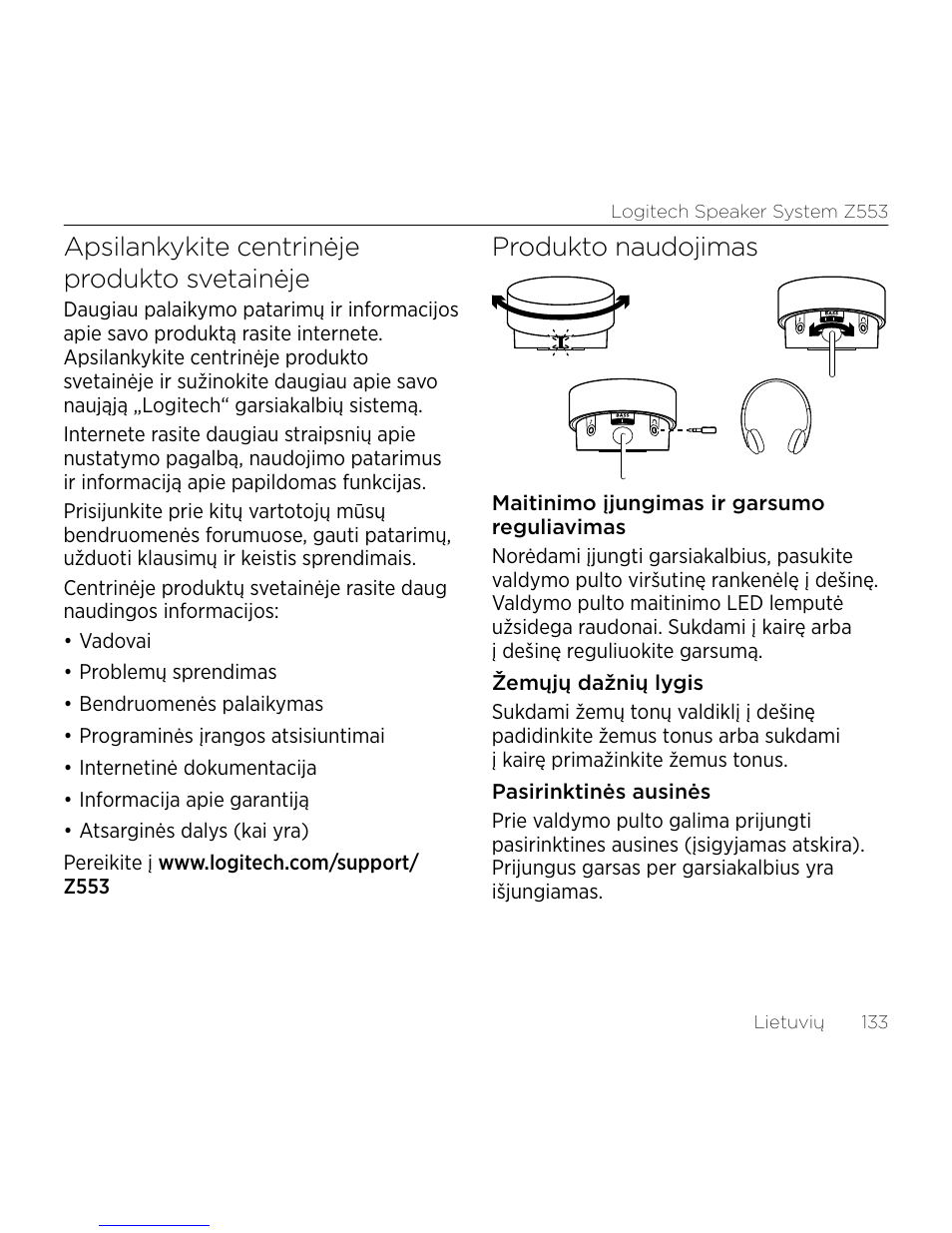 Apsilankykite centrinėje produkto svetainėje, Produkto naudojimas | Logitech Z533 2.1 Speaker System with Subwoofer and Control Pod User Manual | Page 133 / 200