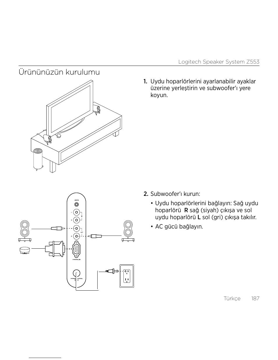 Ürününüzün kurulumu | Logitech Z533 2.1 Speaker System with Subwoofer and Control Pod User Manual | Page 187 / 200