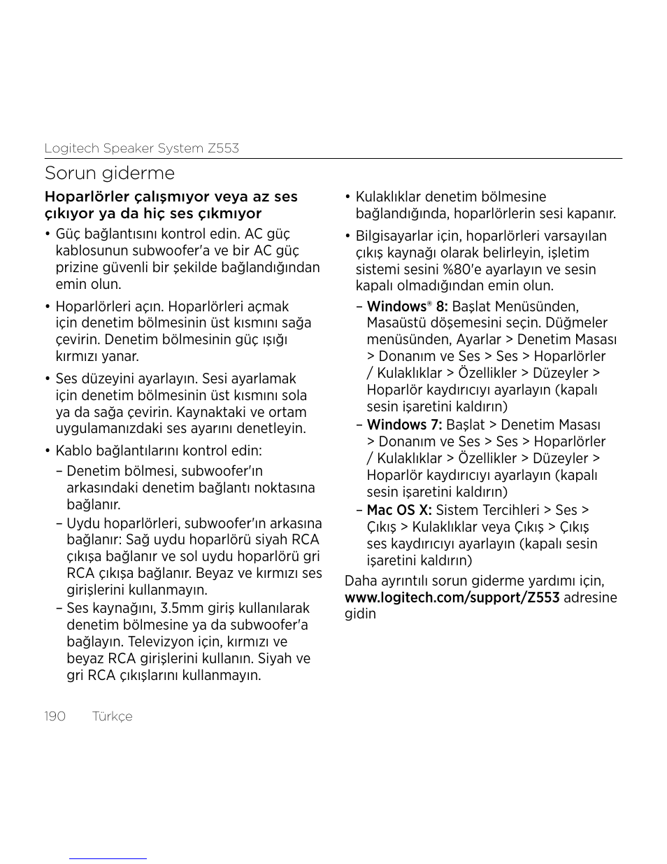 Sorun giderme | Logitech Z533 2.1 Speaker System with Subwoofer and Control Pod User Manual | Page 190 / 200