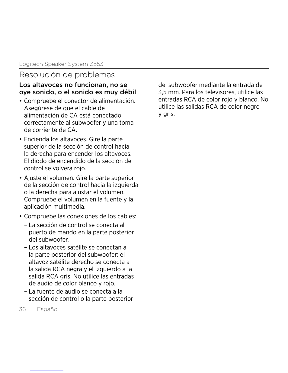 Resolución de problemas | Logitech Z533 2.1 Speaker System with Subwoofer and Control Pod User Manual | Page 36 / 200