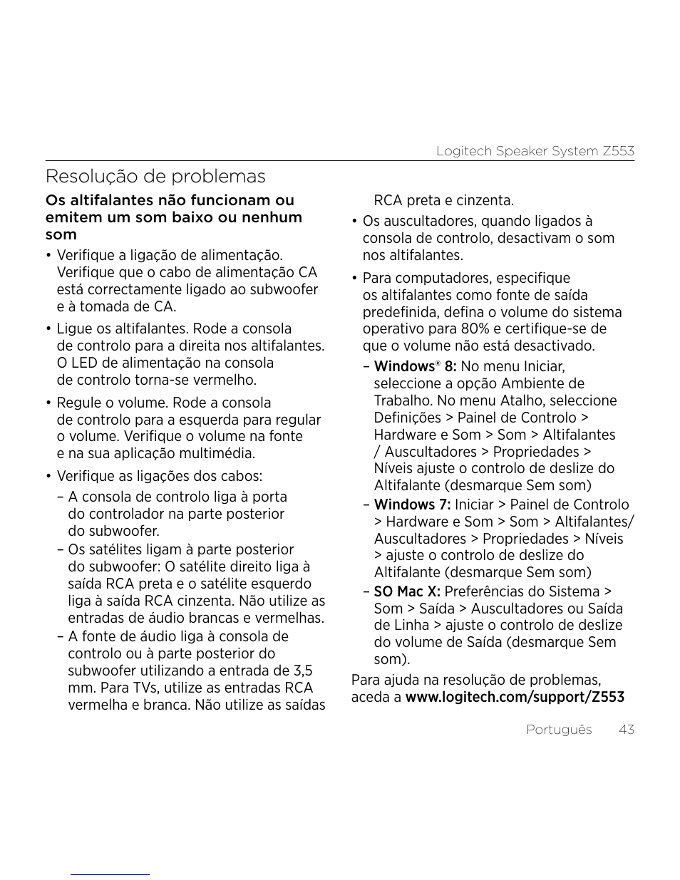 Resolução de problemas | Logitech Z533 2.1 Speaker System with Subwoofer and Control Pod User Manual | Page 43 / 200