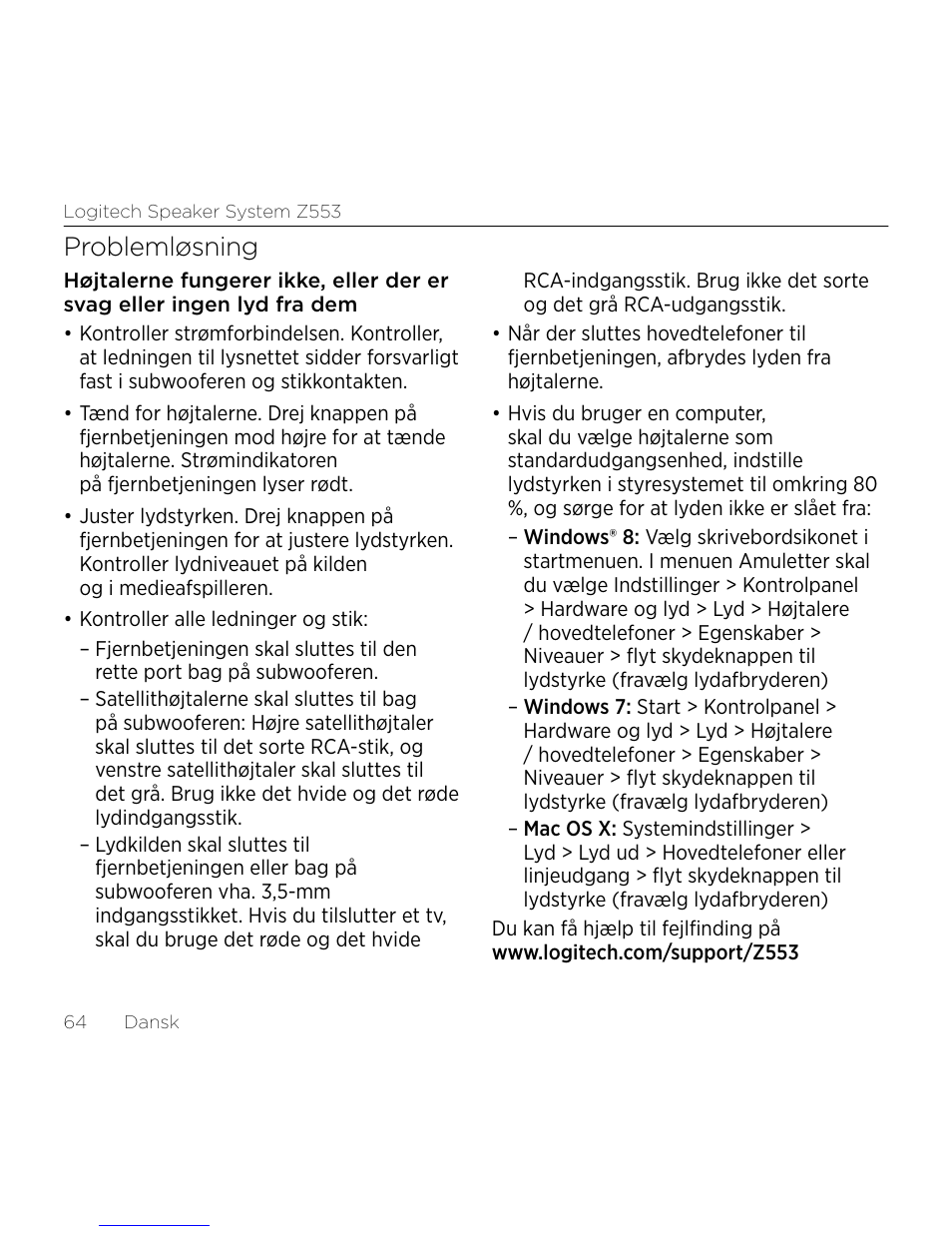 Problemløsning | Logitech Z533 2.1 Speaker System with Subwoofer and Control Pod User Manual | Page 64 / 200