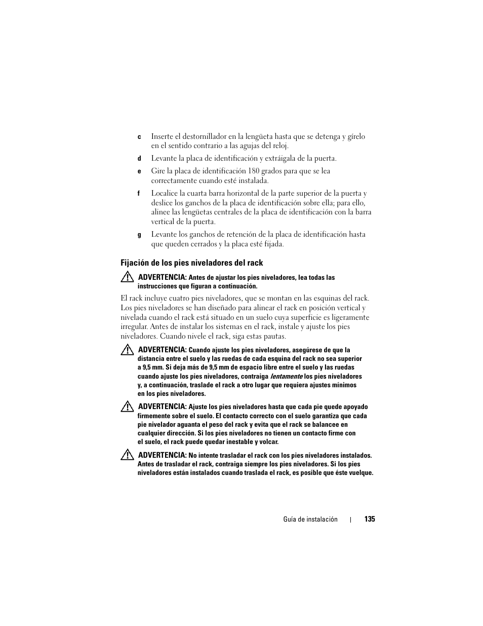 Fijación de los pies niveladores del rack | Dell PowerEdge 2420 User Manual | Page 137 / 148