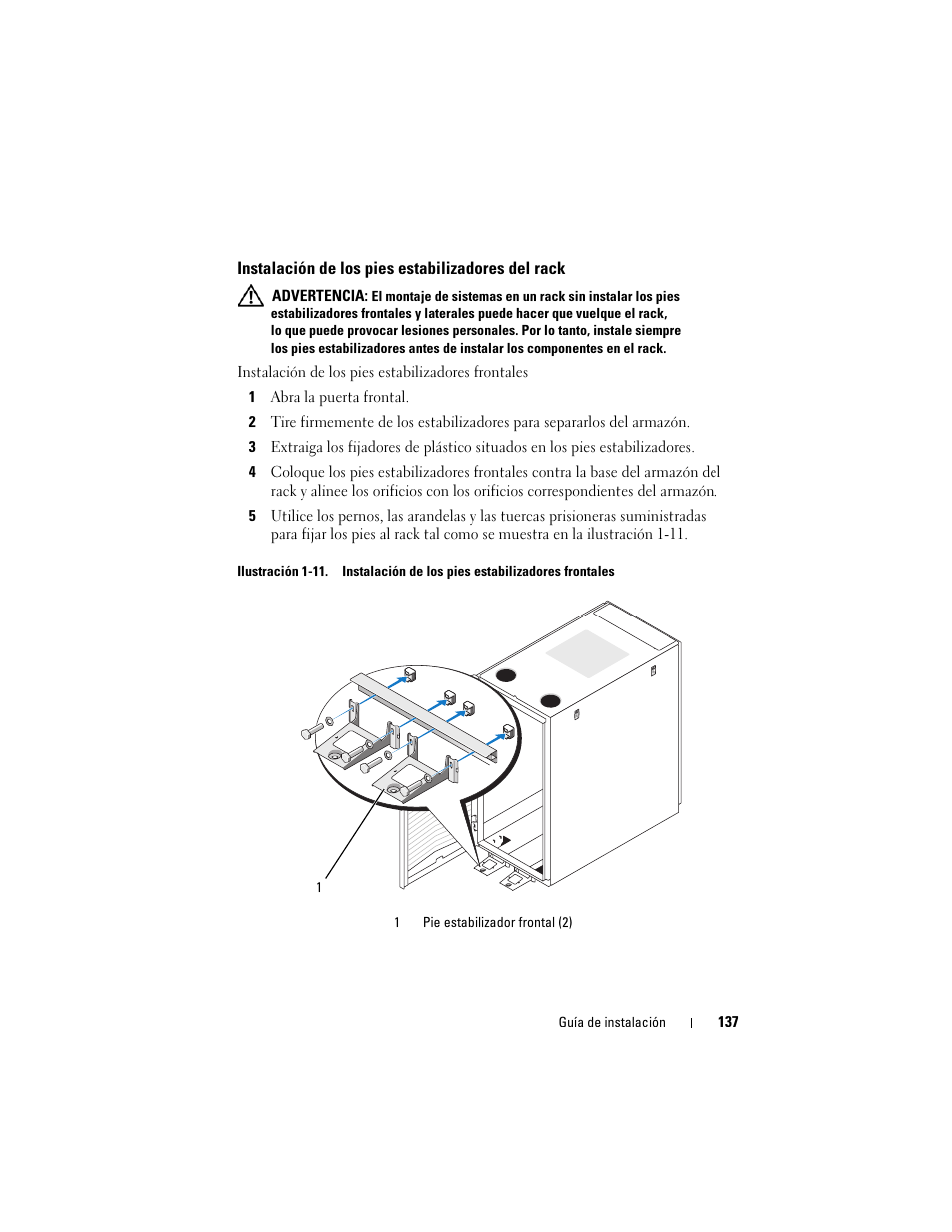 Instalación de los pies estabilizadores del rack | Dell PowerEdge 2420 User Manual | Page 139 / 148