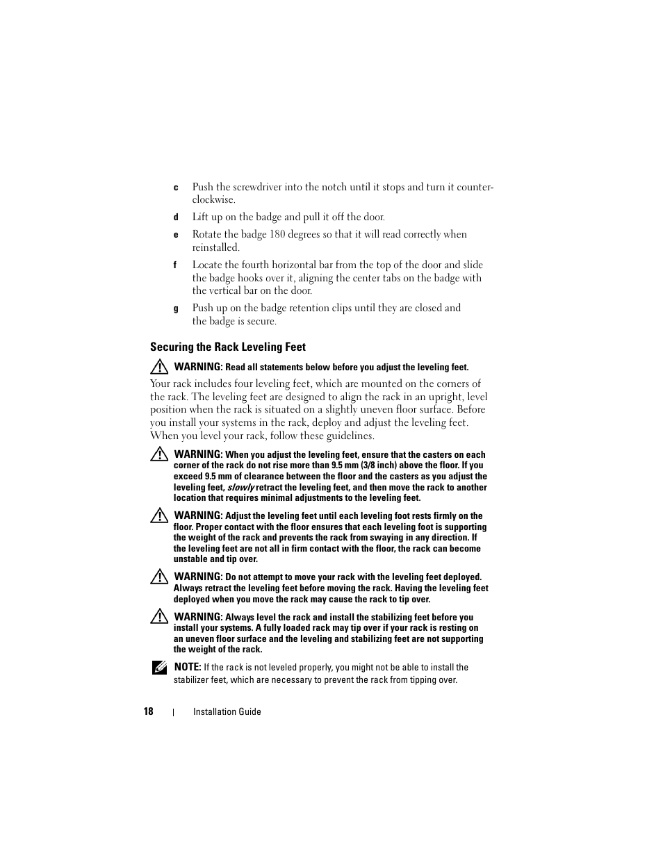 Securing the rack leveling feet | Dell PowerEdge 2420 User Manual | Page 20 / 148