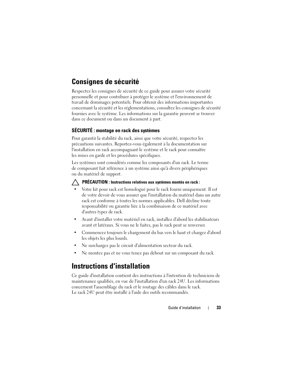 Consignes de sécurité, Sécurité : montage en rack des systèmes, Instructions d'installation | Dell PowerEdge 2420 User Manual | Page 35 / 148