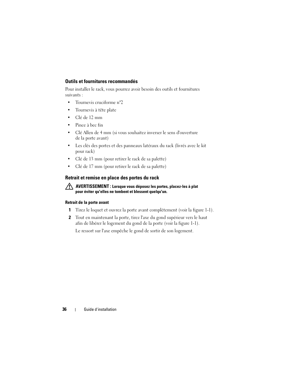 Outils et fournitures recommandés, Retrait et remise en place des portes du rack | Dell PowerEdge 2420 User Manual | Page 38 / 148