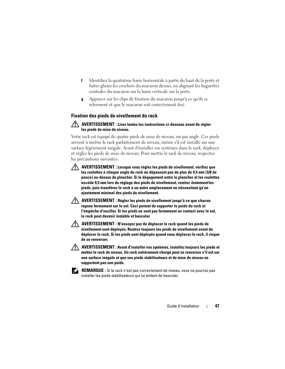 Fixation des pieds de nivellement du rack | Dell PowerEdge 2420 User Manual | Page 49 / 148