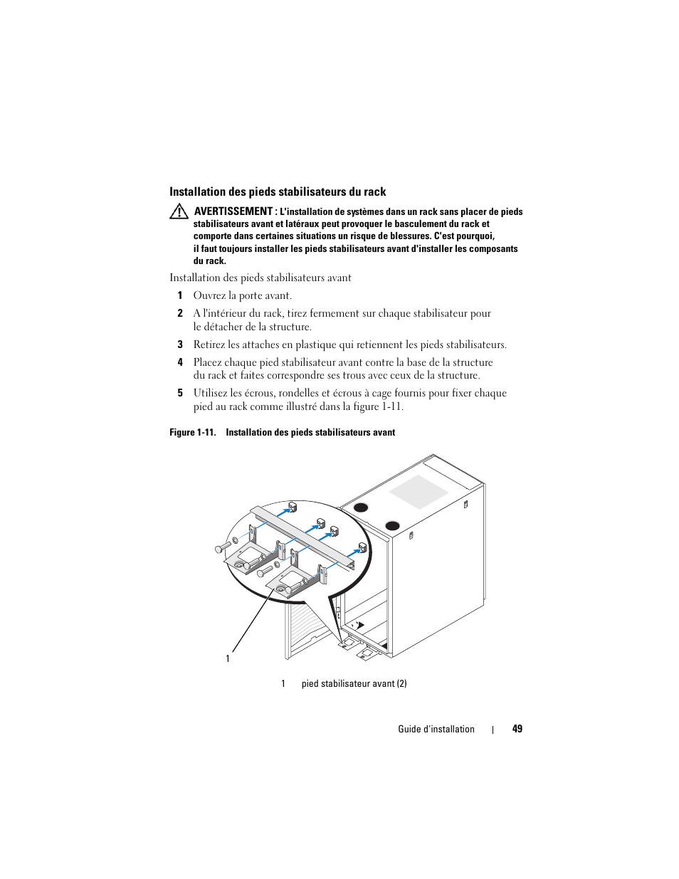 Installation des pieds stabilisateurs du rack | Dell PowerEdge 2420 User Manual | Page 51 / 148