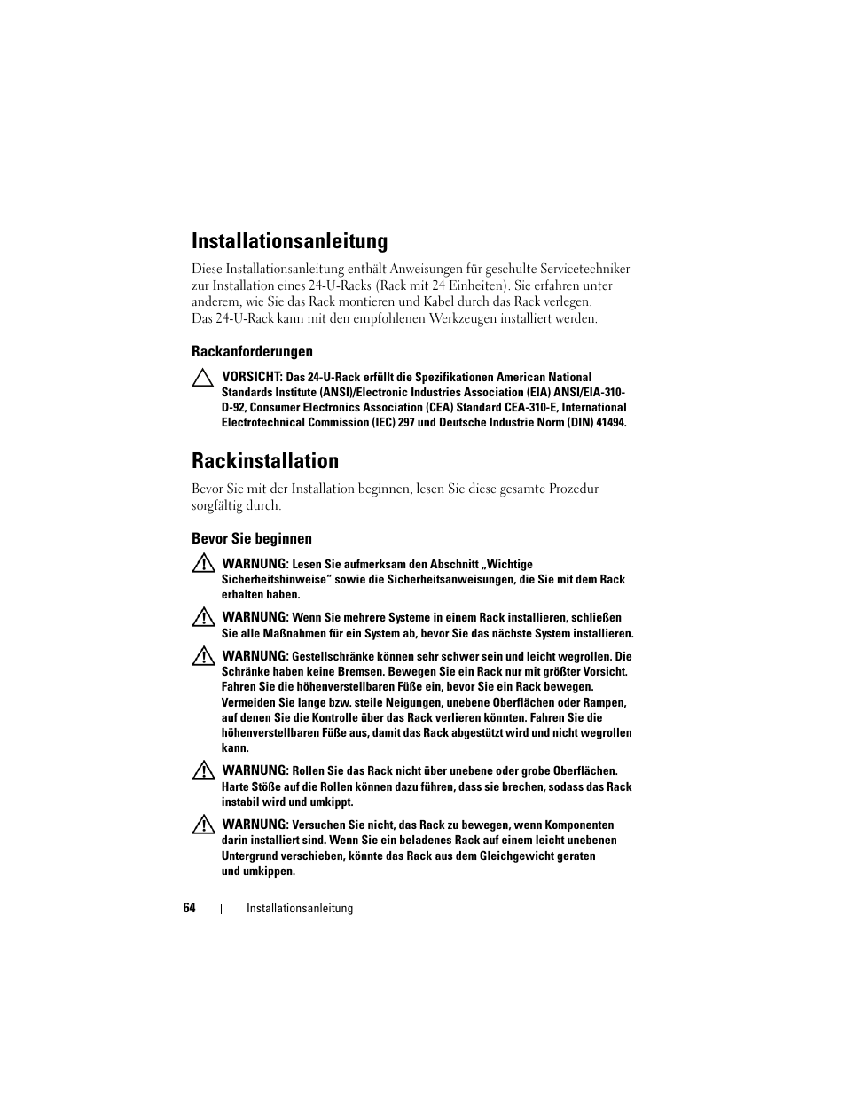 Installationsanleitung, Rackanforderungen, Rackinstallation | Bevor sie beginnen | Dell PowerEdge 2420 User Manual | Page 66 / 148