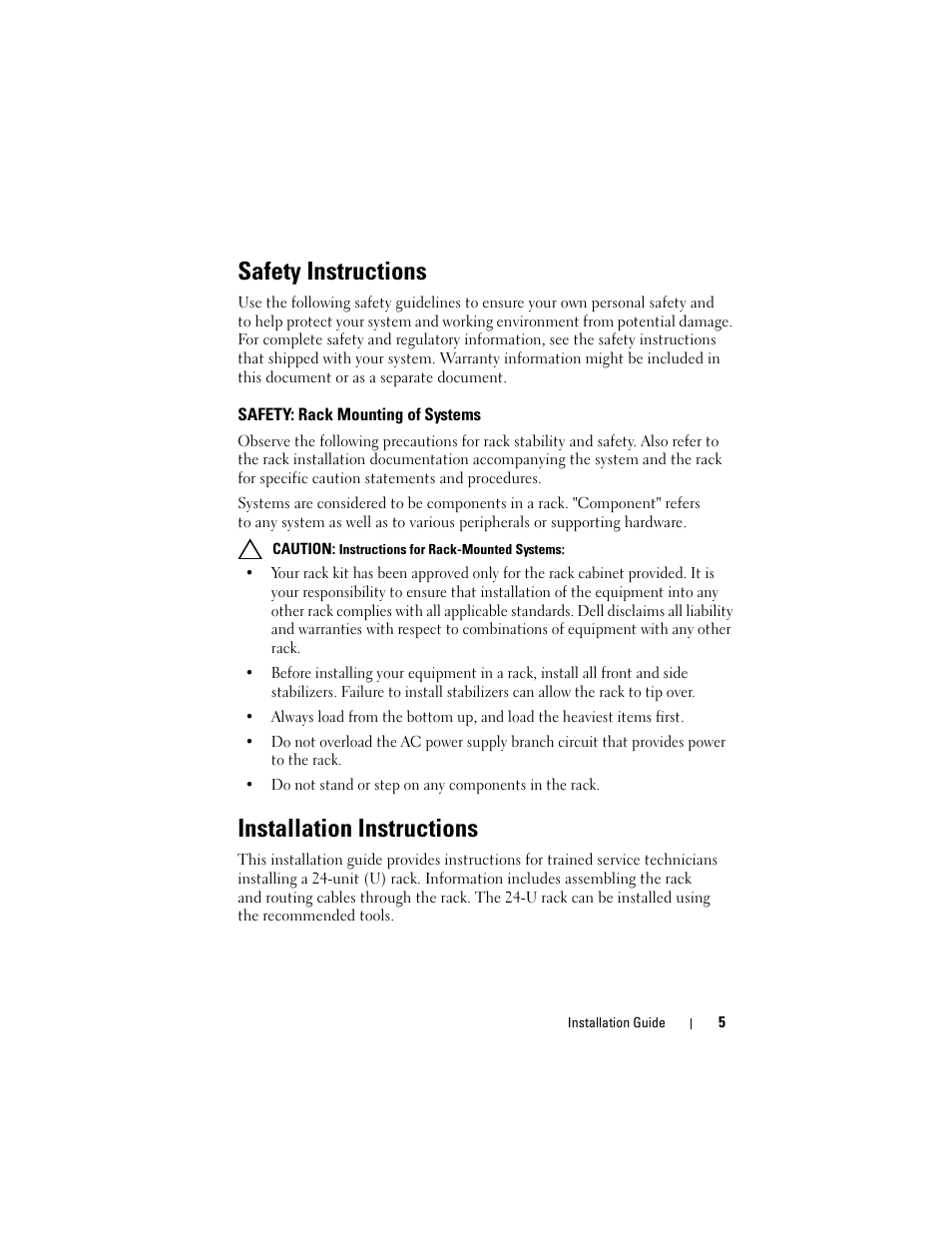 Safety instructions, Safety: rack mounting of systems, Installation instructions | Dell PowerEdge 2420 User Manual | Page 7 / 148