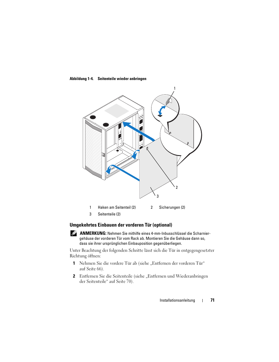 Umgekehrtes einbauen der vorderen tür (optional) | Dell PowerEdge 2420 User Manual | Page 73 / 148