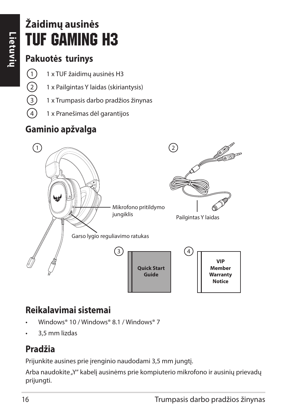 Tuf gaming h3, Žaidimų ausinės, Lietuvių pakuotės turinys | Gaminio apžvalga reikalavimai sistemai, Pradžia | Asus TUF Gaming H3 Gaming Headset (Gunmetal) User Manual | Page 16 / 45