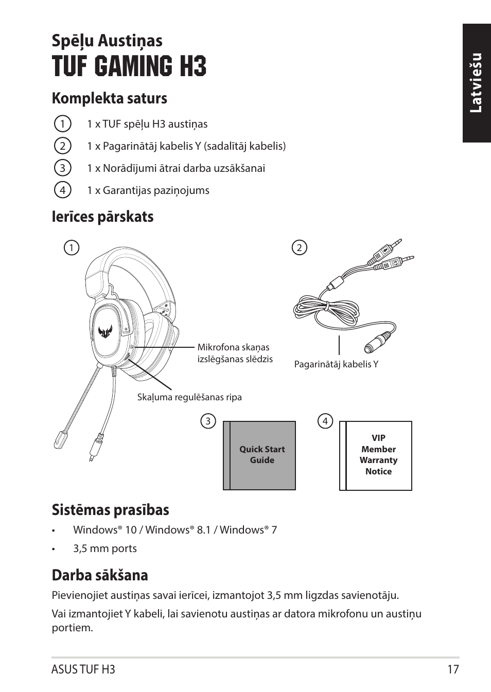 Tuf gaming h3, Spēļu austiņas, La tviešu komplekta saturs | Ierīces pārskats sistēmas prasības, Darba sākšana | Asus TUF Gaming H3 Gaming Headset (Gunmetal) User Manual | Page 17 / 45