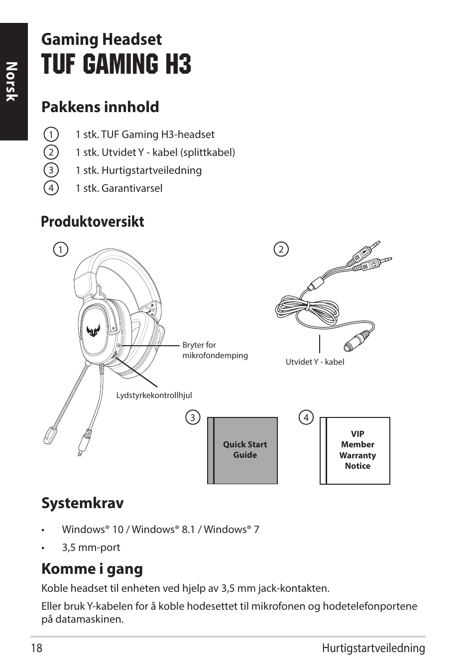 Tuf gaming h3, Gaming headset, Norsk systemkrav | Komme i gang, Pakkens innhold, Produktoversikt | Asus TUF Gaming H3 Gaming Headset (Gunmetal) User Manual | Page 18 / 45