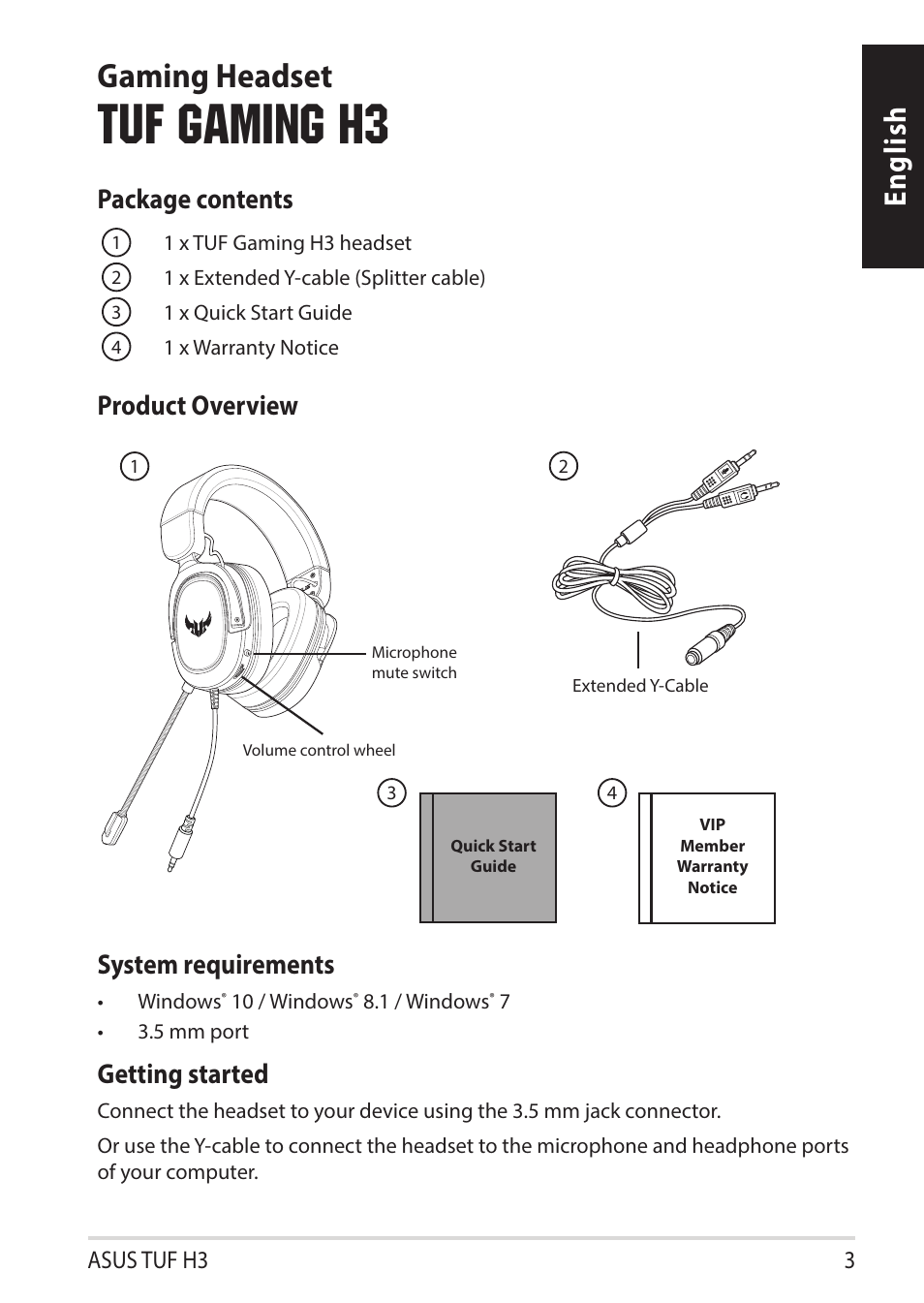 Tuf gaming h3, Gaming headset, English | Package contents, System requirements, Getting started, Product overview | Asus TUF Gaming H3 Gaming Headset (Gunmetal) User Manual | Page 3 / 45