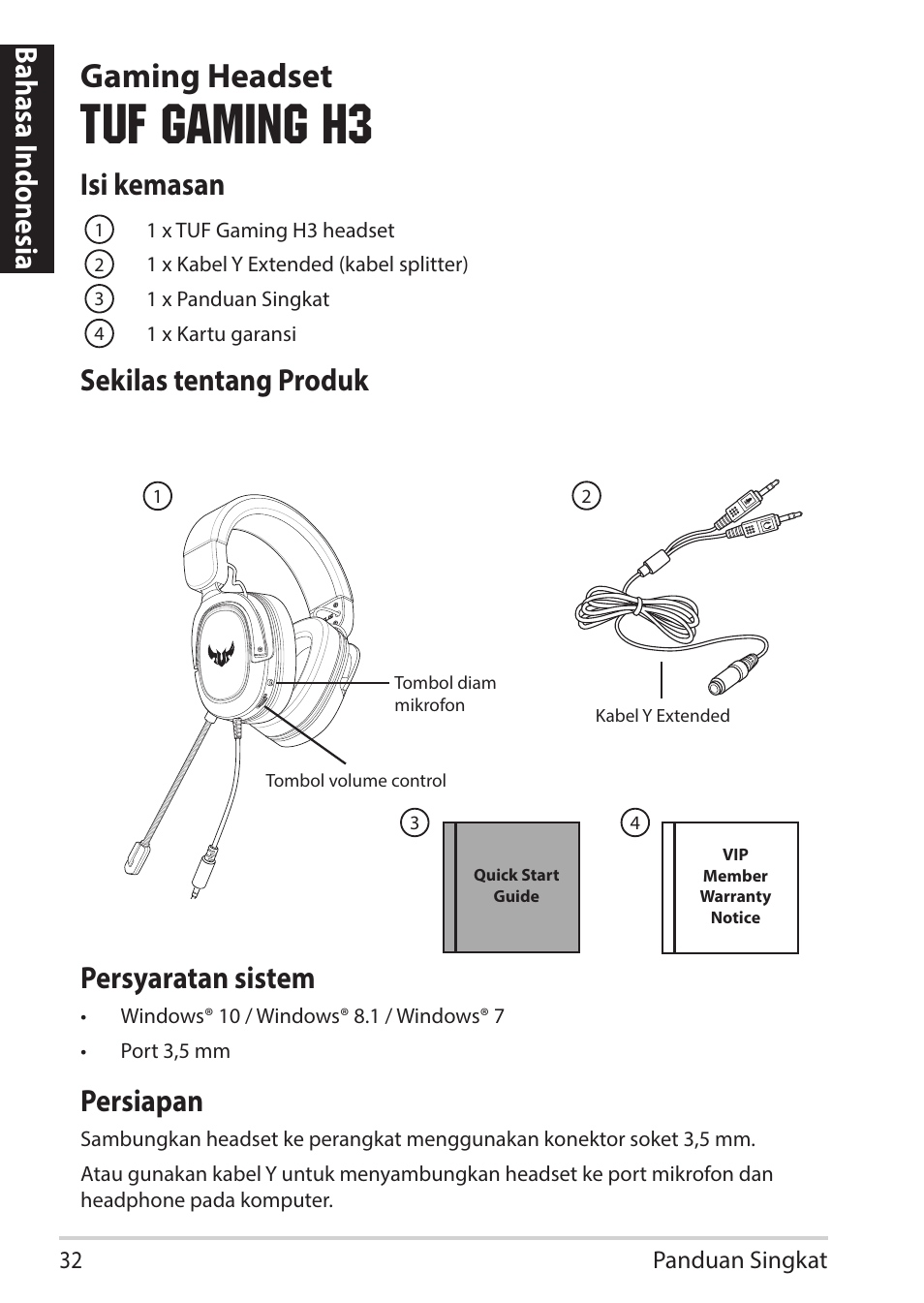 Tuf gaming h3, Gaming headset, Bahasa i ndonesia isi kemasan | Sekilas tentang produk persyaratan sistem, Persiapan | Asus TUF Gaming H3 Gaming Headset (Gunmetal) User Manual | Page 32 / 45