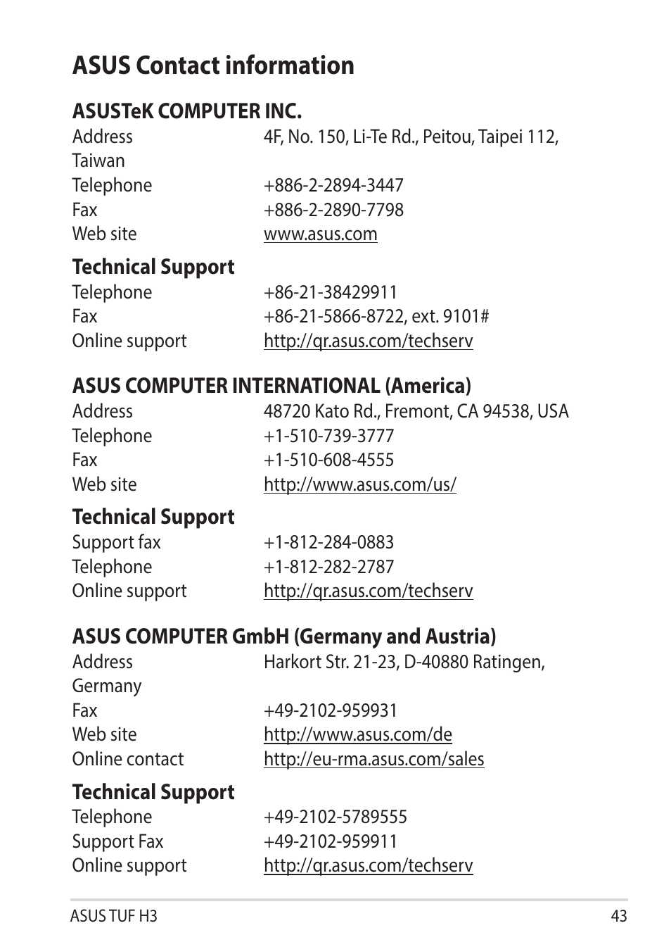 Asus contact information | Asus TUF Gaming H3 Gaming Headset (Gunmetal) User Manual | Page 43 / 45