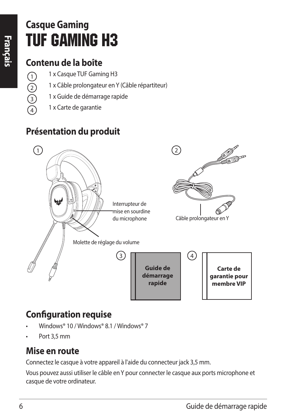 Tuf gaming h3, Casque gaming, Franç ais contenu de la boîte | Configuration requise, Mise en route, Présentation du produit | Asus TUF Gaming H3 Gaming Headset (Gunmetal) User Manual | Page 6 / 45