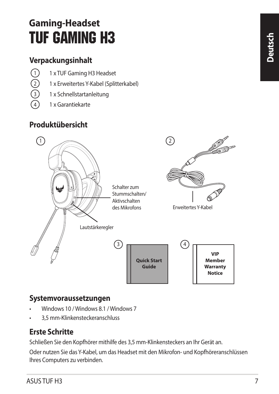 Tuf gaming h3, Gaming-headset, Deutsch | Verpackungsinhalt, Systemvoraussetzungen, Erste schritte, Produktübersicht | Asus TUF Gaming H3 Gaming Headset (Gunmetal) User Manual | Page 7 / 45