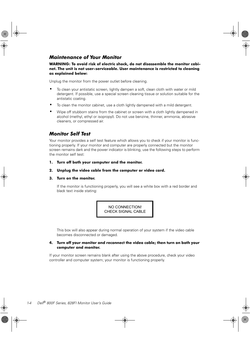 Maintenance of your monitor, Monitor self test | Dell 800F User Manual | Page 10 / 32