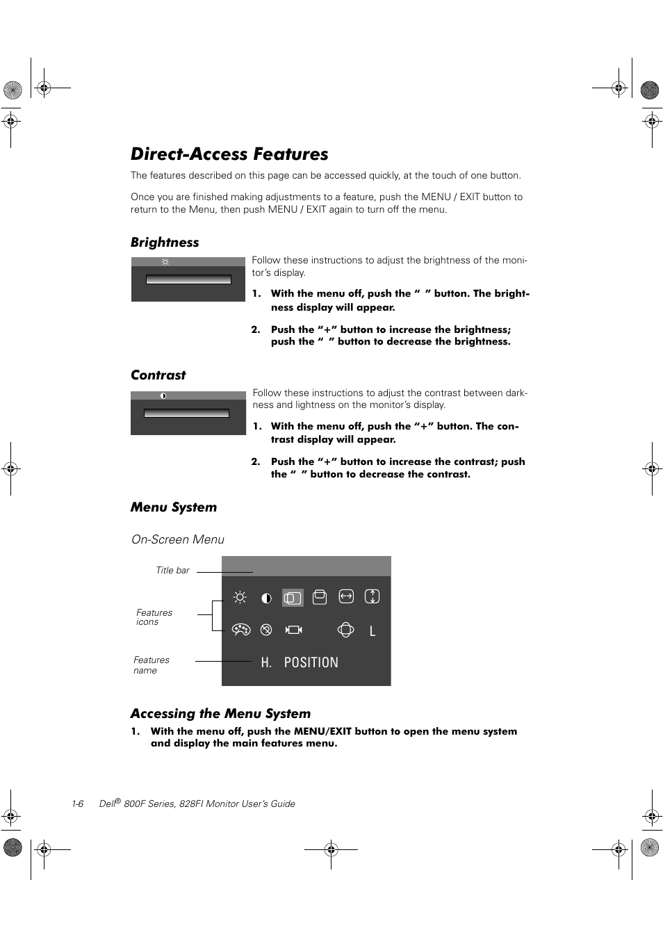 Direct-access features, H. position l, Brightness | Contrast, Menu system, Accessing the menu system | Dell 800F User Manual | Page 12 / 32