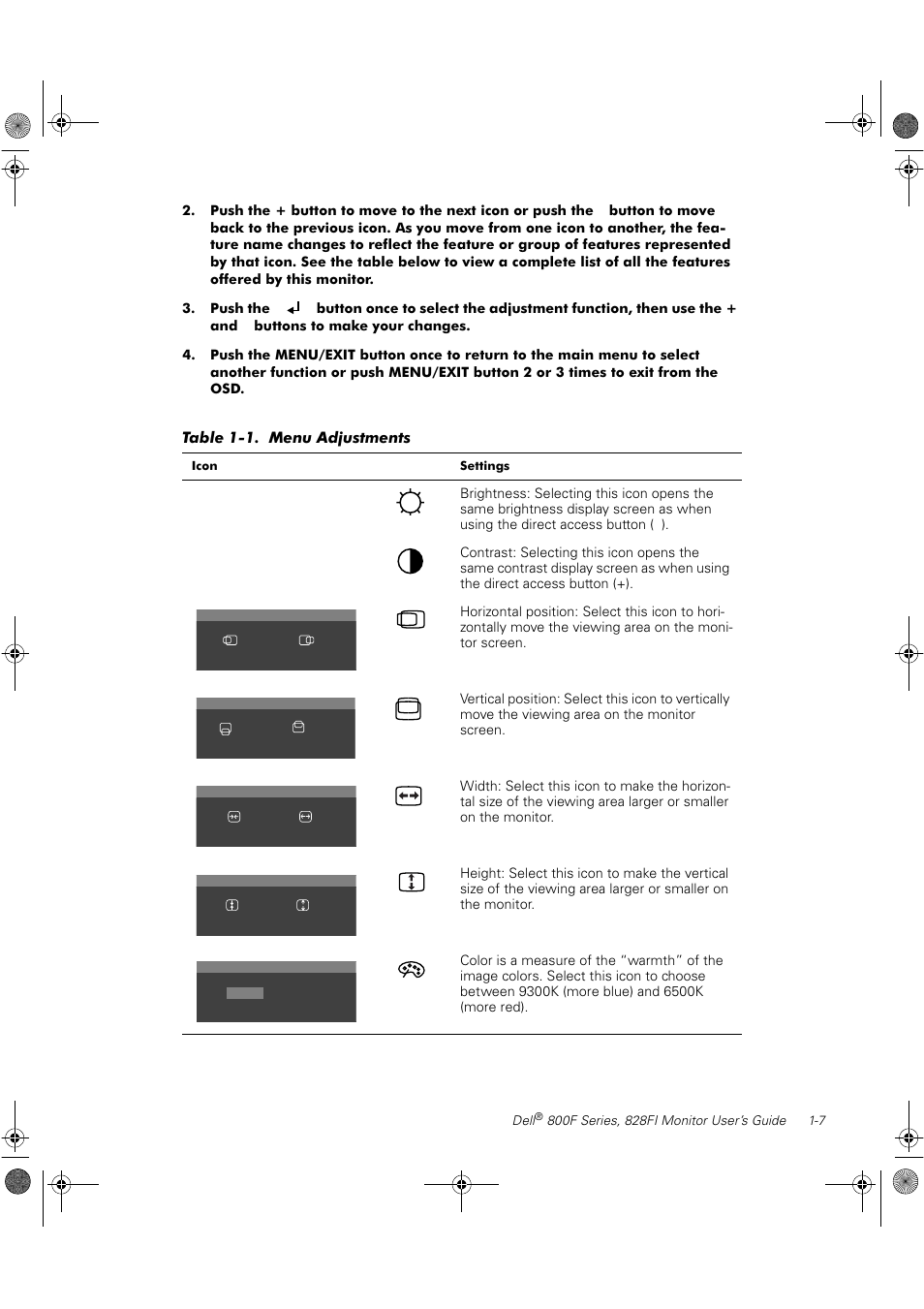 Table 1-1. menu adjustments | Dell 800F User Manual | Page 13 / 32
