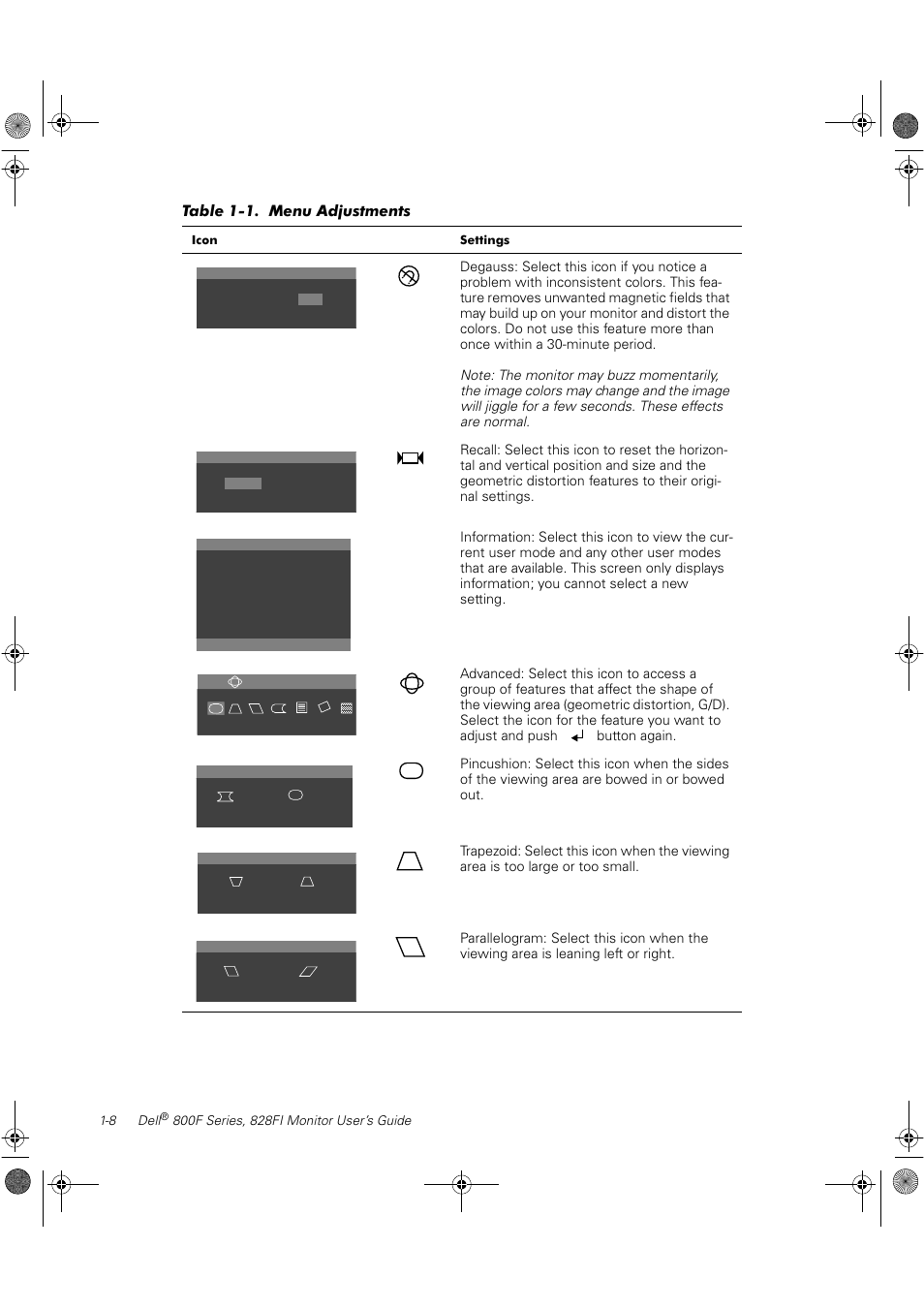 Table 1-1. menu adjustments (continued) | Dell 800F User Manual | Page 14 / 32