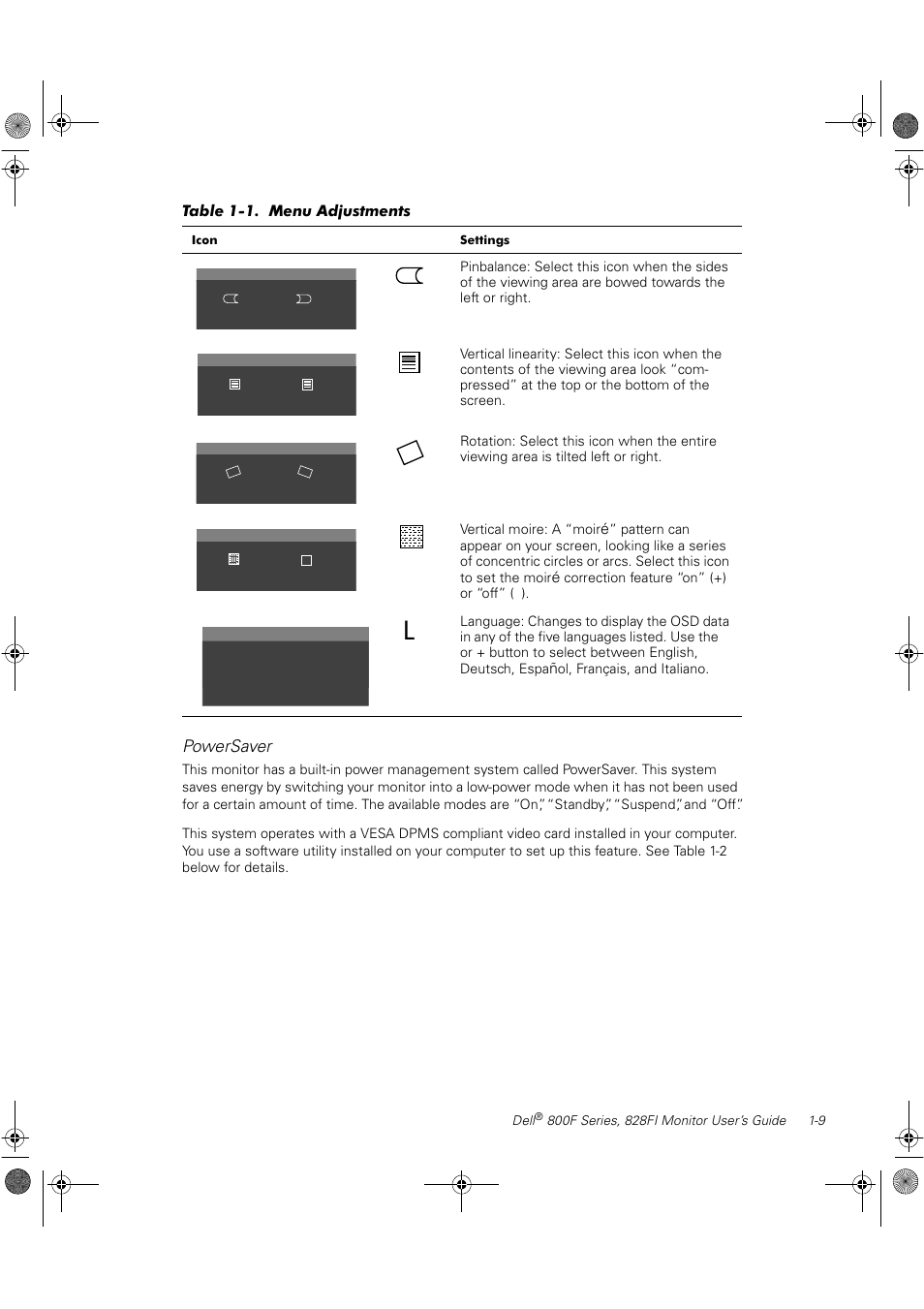 Powersaver, Table 1-1. menu adjustments (continued) | Dell 800F User Manual | Page 15 / 32