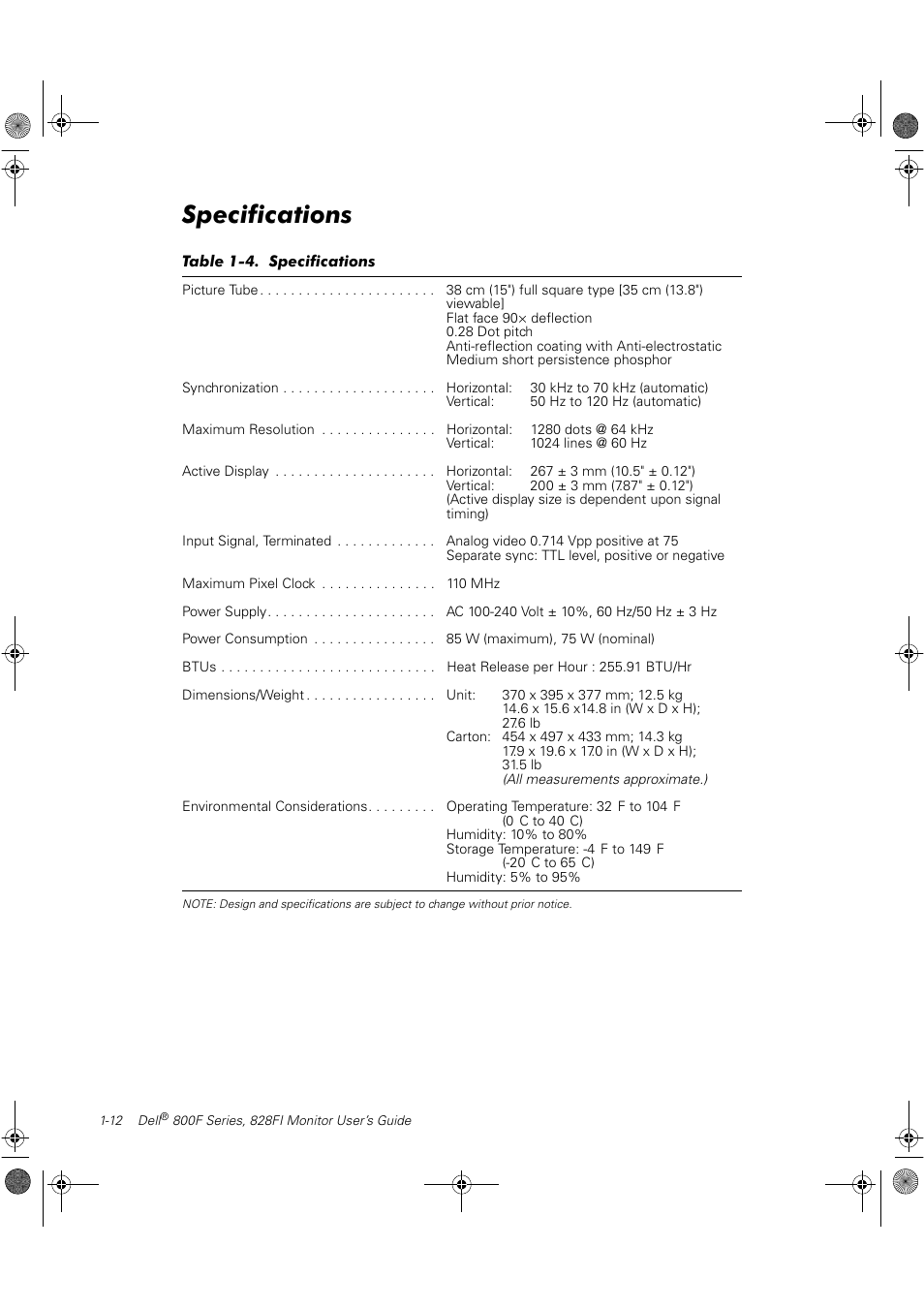 Specifications | Dell 800F User Manual | Page 18 / 32