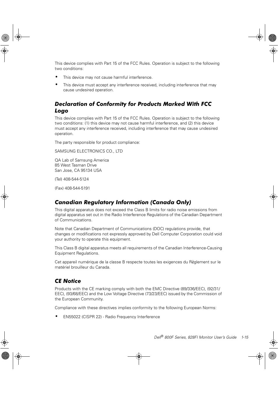 Canadian regulatory information (canada only), Ce notice | Dell 800F User Manual | Page 21 / 32