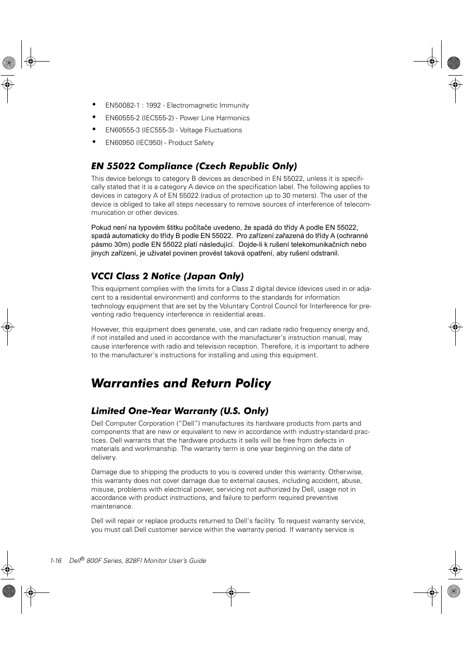 Warranties and return policy, Vcci class 2 notice (japan only), Limited one-year warranty (u.s. only) | Dell 800F User Manual | Page 22 / 32