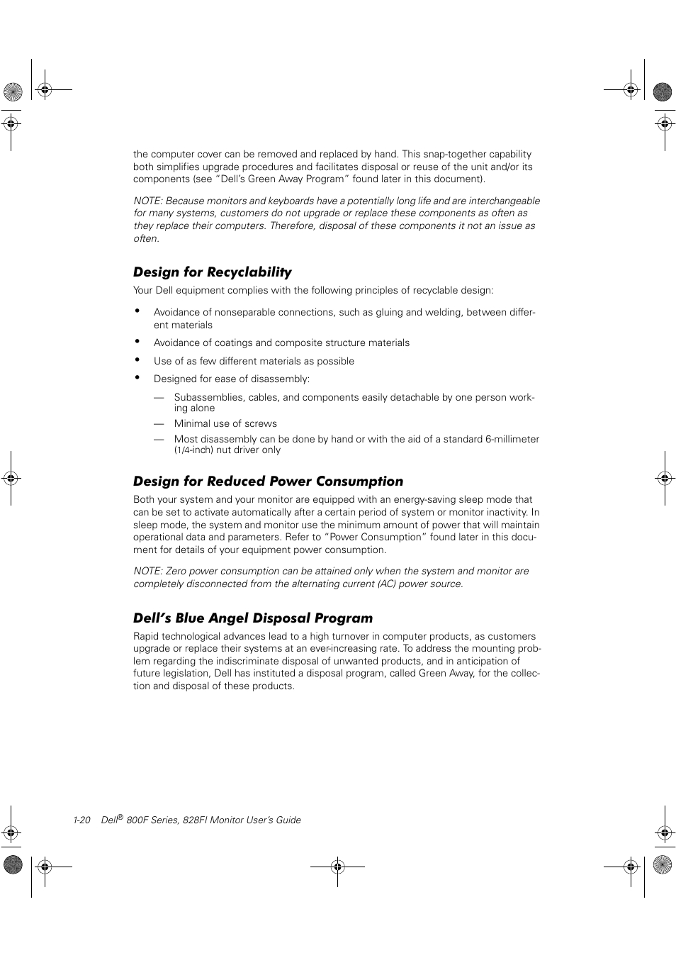 Design for recyclability, Design for reduced power consumption, Dell’s blue angel disposal program | Dell 800F User Manual | Page 26 / 32