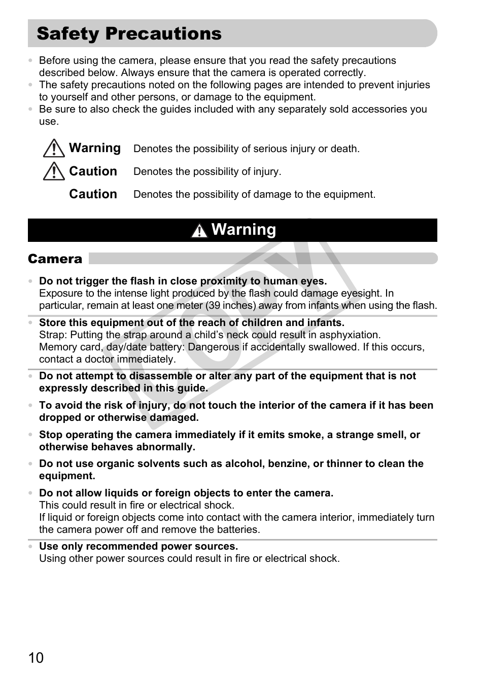 Safety precautions, Co py | Canon POWERSHOT SX201S User Manual | Page 10 / 180