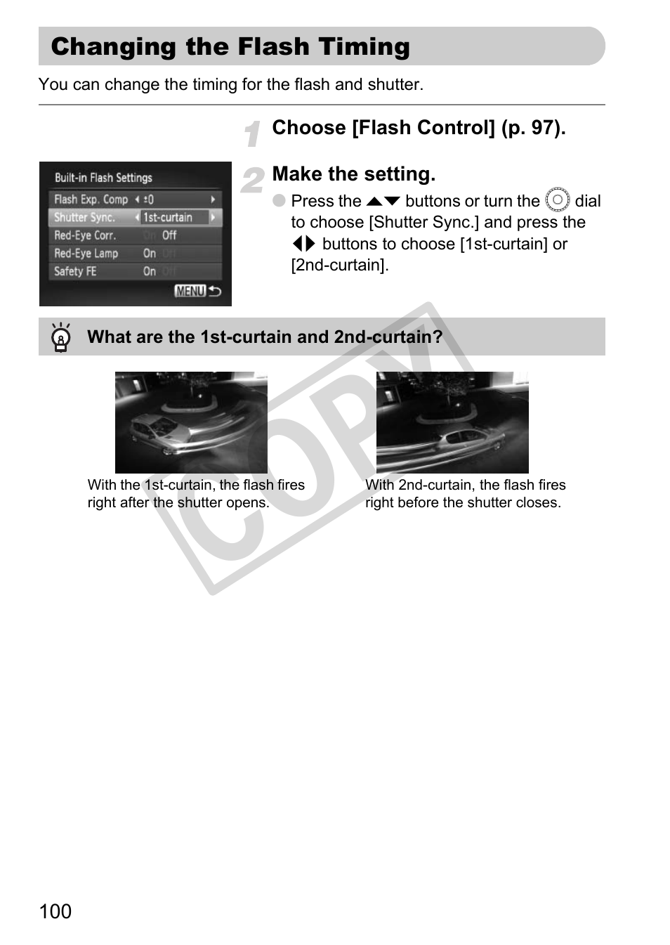 Changing the flash timing, Co py | Canon POWERSHOT SX201S User Manual | Page 100 / 180