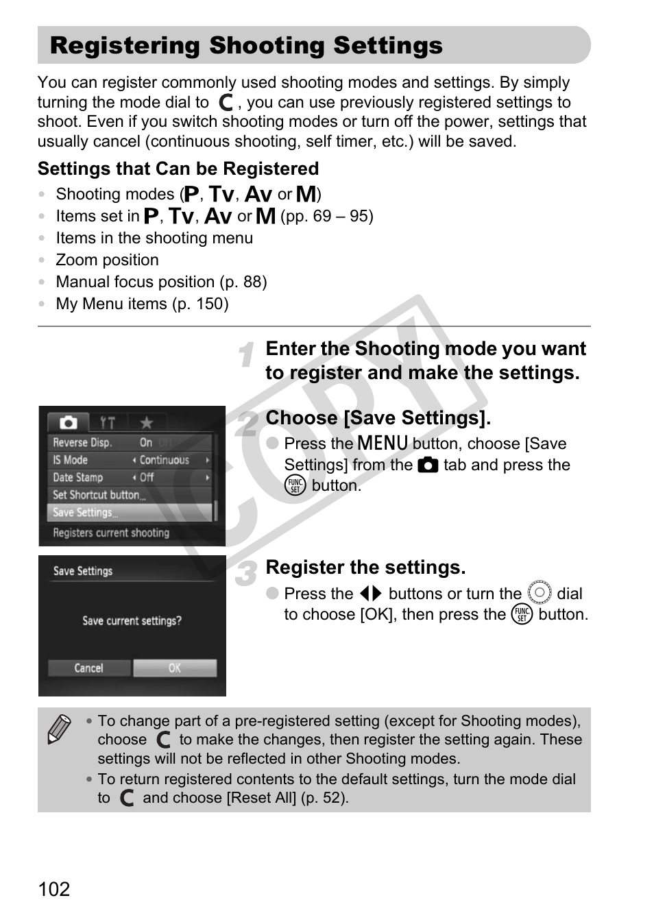 Registering shooting settings, Co py | Canon POWERSHOT SX201S User Manual | Page 102 / 180